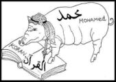 Muhammad, as a pig, writing on a Quran.