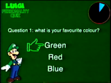The text reads "Question 1: what is your favourite colour?" Luigi and a segmented timer appear. The options are Green, Red, and Blue, with the cursor selecting Green.