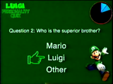 "Question 2: Who is the superior brother?" The options are Mario, Luigi, and Other, with the cursor selecting Luigi.
