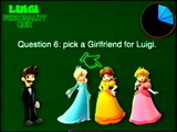 "Question 6: pick a Girlfriend for Luigi." The princesses Rosalina, Daisy, and Peach are shown, with the cursor selecting Daisy. Luigi is dressed in a groom's wedding outfit.
